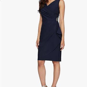 Alex Evenings Petite Size 16 Navy Ruched Faux Wrap Sheath Dress